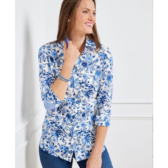 Talbot Tops - Talbots Cotton Button Front Shirt blue Whimsical Garden Floral Print size 12